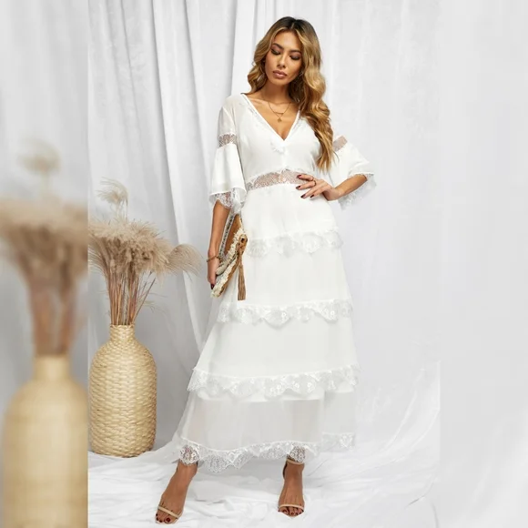 White V-Neck Spliced Lace Maxi Dress - Picture 2 of 4